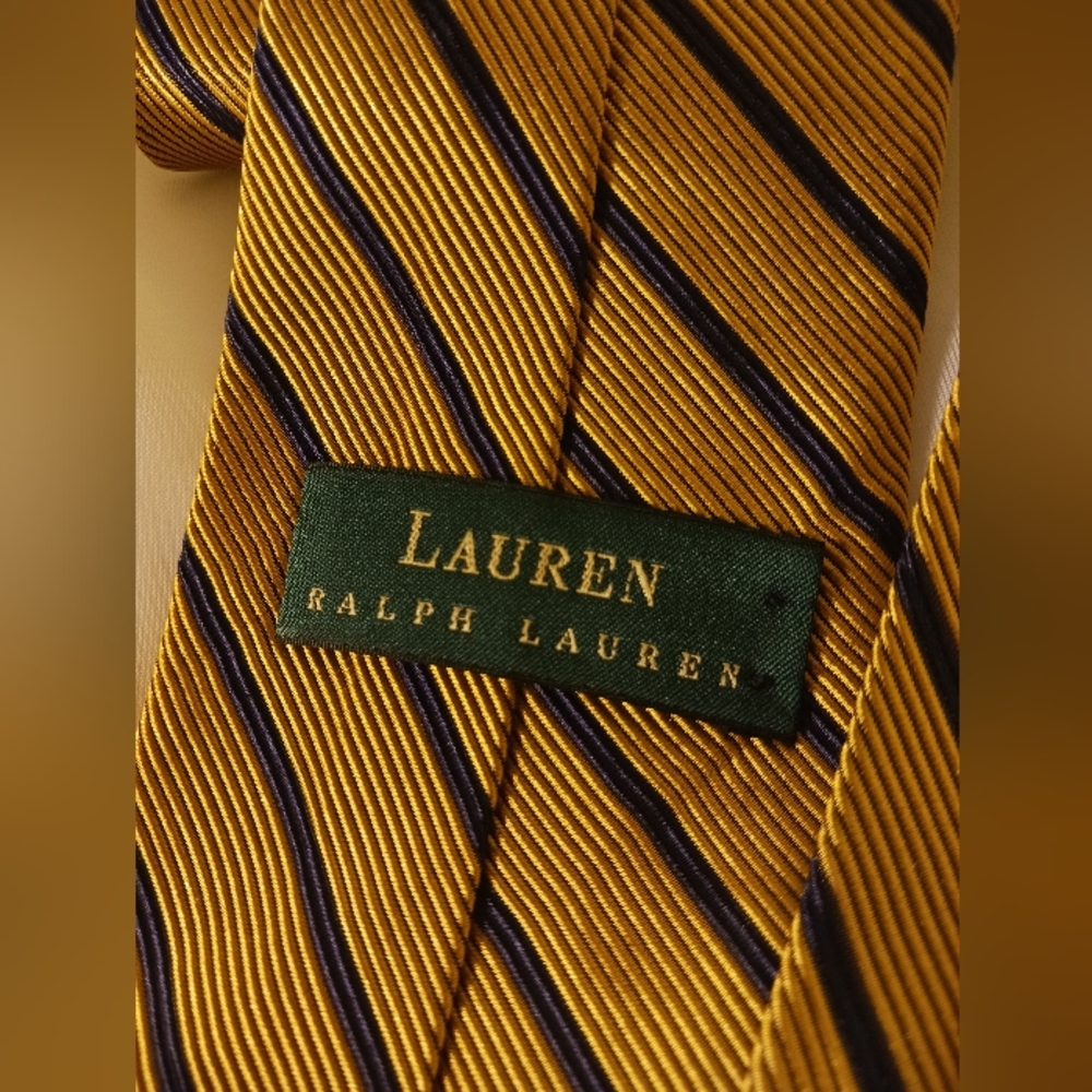 Vtg Lauren by Ralph Lauren Silk Cotton Blend Neck Tie Gold & Blue Regimental WVU